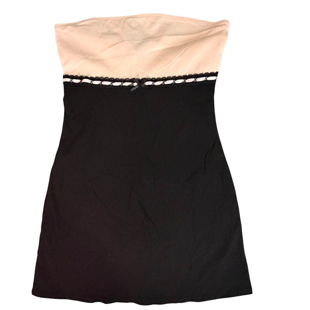Pink and Black Lace Trim Bow Detail Bandeau Mini Dress US 2
